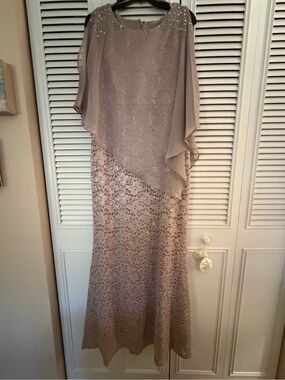 Beaded Taupe Lace Maxi Dress with Chiffon Capelet